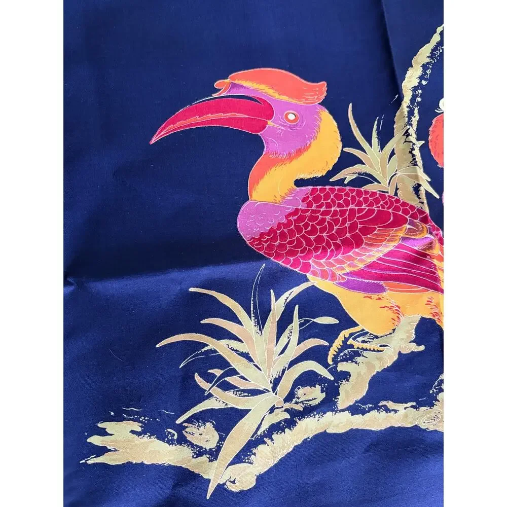 Vintage Silk Suzanne Collection Thai Silk Bird Scarf Navy Tropical Print 35”